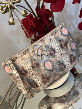 Kelly Wynne Pastel Snake Print Wristlet Pouch | Geometric Logo Boho Chic